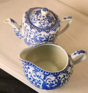 VTG. JAPAN NORITAKE PHOENIX BIRD DESIGN BLUE &WHITE SM.TEAPOT & CREAMER - Picture 1 of 15