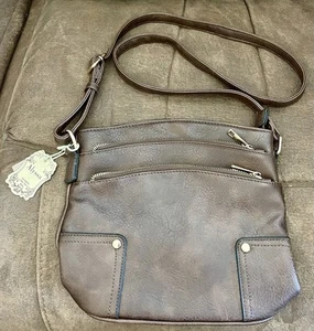 Alyssa Crossbody Triple Zipper Pocket Vegan Brown Leather Purse / Bag FREE SHIPN - Picture 1 of 23