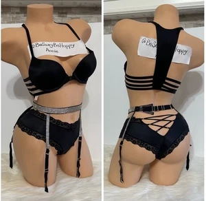 Victoria's Secret Bra Set 32A Push-Up Bra, XS/S Garter Panty Small Set Black - Picture 1 of 4