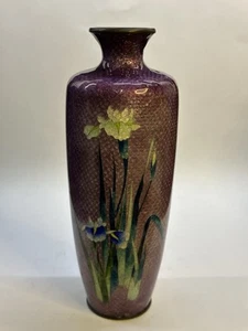 Japanese cloisonné ginbari 7" Vase Deep Purple W/ Irises - Picture 1 of 22