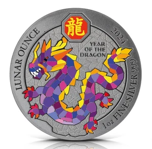 1 oz Silver Rwanda Lunar Dragon 2024 - Colorized & Antique finish with box & COA - Picture 1 of 2