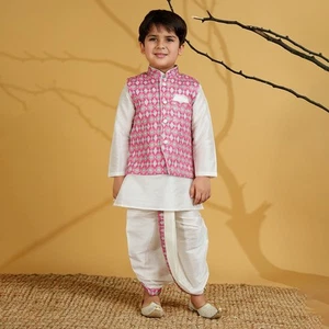 Kids Ethnic Kurta Dhoti Silk Blend Full Sleeves Embroidered Dhoti Waistcoat Set - Picture 1 of 27