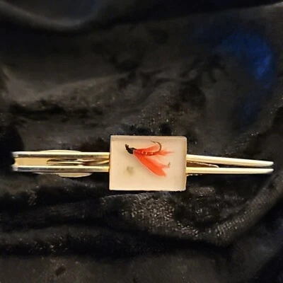 Red Fishing Fly Acrylic/Lucite Vtg LARGE HICKOK Tie Bar Clip lure rod reel 2.75" - Image 1 of 4