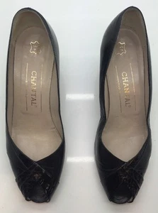 CHANTAL Black Leather Open Toe Snake Skin Heel Pumps Women's Size 5.5M - Picture 1 of 12