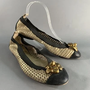 CHANEL Size 10 Gold Black Mesh Textured Suede Camellia Ballet Flats - Picture 1 of 8
