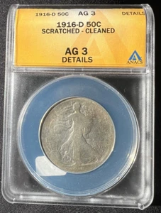 1916-D Walking Liberty Half Dollar ANACS AG 3 Details - Picture 1 of 4