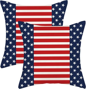 4Th of July Pillow Covers 18X18 Red Stripes Blue White Patriotic Stars Outdoor D - Picture 1 of 12