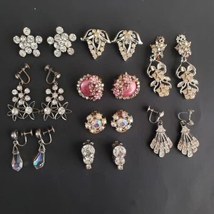 Lot of 9 Pair Vintage Clip Screw On Earrings Faux Diamonds Glass White Sapphire - Picture 1 of 4