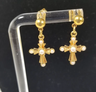 Pendientes colgantes Avon vintage ornamentados perlas de imitación perforadas tono dorado 1" Foto 1 de 4