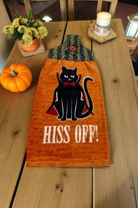 Halloween Geschirrtuch zum Aufhängen Zischen schwarze Katze auf orangefarbenem Handtuch - Bild 1 von 6
