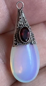 Ciondolo goccia lacrima pietra granato rosso e opalite argento sterling 925 vintage gioielli - Foto 1 di 17