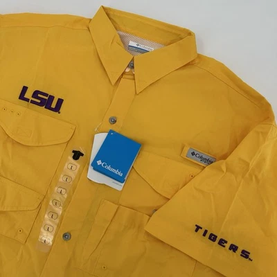 LSU Tigers 衬衫男式大号黄色哥伦比亚 PFG 骨头纽扣短袖 — 第 1/4 张图片