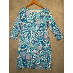 Lilly Pulitzer Women's L Turquoise Blue Floral Seashell Mermaid 3/4 Sleeve Dress - Picture 1 of 6