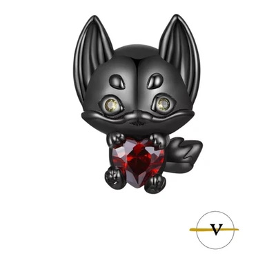 CHARM VOLPE NERA CON CUORE ARGENTO 925 ZIRCONE ROSSO BRACCIALE BRACCIALETTO - Immagine 1 di 4