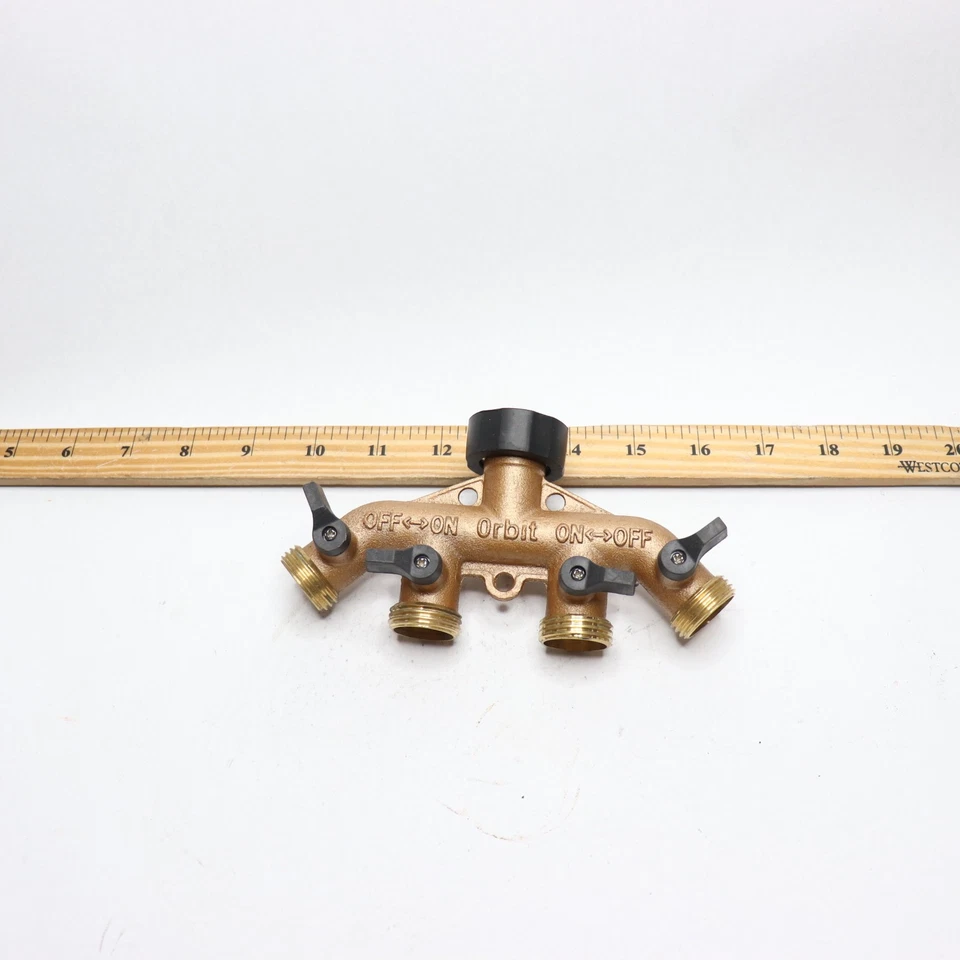 Divisor de grifo de manguera de agua Orbit latón 4 puertos 3/4" MNPT x 1" FNPT Foto 1 de 4