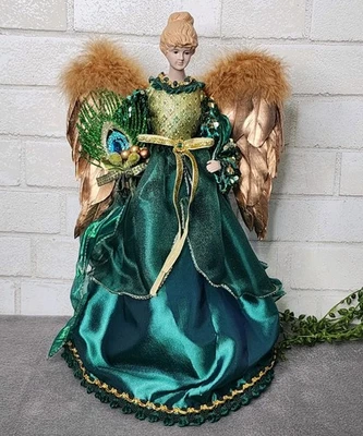 Angel Tree Topper Green Gold Peacock Christmas Figure 17" Tabletop Feather Wings - Image 1 of 4