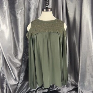 Michael Kors Cold Shoulder Top Damen S Grün Gold Gesmokt Langarm Sommer - Bild 1 von 11