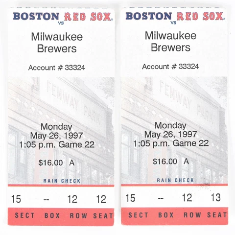 Boston Red Sox vs Milwaukee Brewers Baseball Game Ticket Stub May 26 1997 A13 Cover