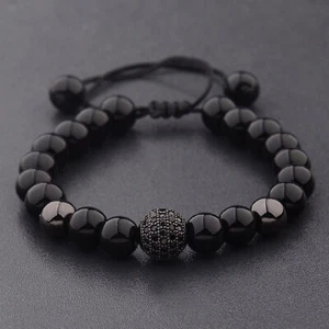 Charm Herren hell Zirkon Micro Pave schwarzer Stein rund Perlen Armband - Bild 1 von 4