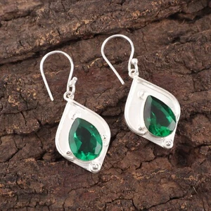 Lab Created Emerald Gemstone 925 Sterling Silver Handmade jewelry Earring Gift - Picture 1 of 3