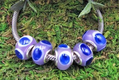 Dijes de cuentas europeas enchapados en plata de vidrio murano círculos rosas y azules - Juego de 5 Foto 1 de 2