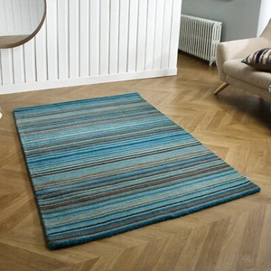 Modern Hand woven Multi Coloured High Quality Striped Teal Wool Rugs & Runners - Picture 1 of 5