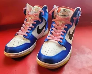 Nike Dunk High Blue Satin White Black Leather Heel Snap Button W10 DV2185-100 - Picture 1 of 16