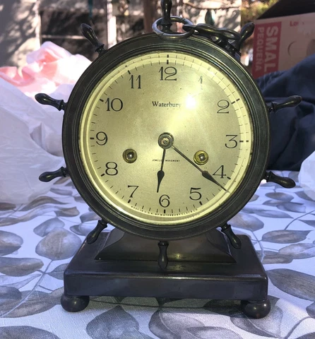 Antique / Vintage Waterbury Mantle / Desk Clock. Dual wind with Chimes. Nautical Cover