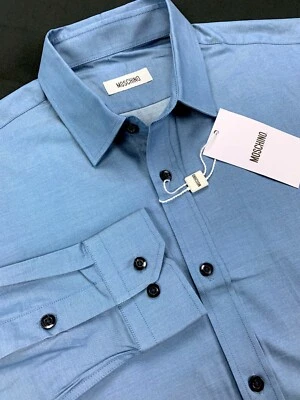 Moschino Long Sleeve Cotton Embroidered Heart Blue Dress Shirt 15 x 38 - Image 1 of 4