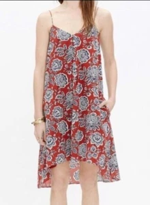 Madewell Trapeze Italian Floral Silk Sleeveless Dress Cami Size Large Red - Picture 1 of 5
