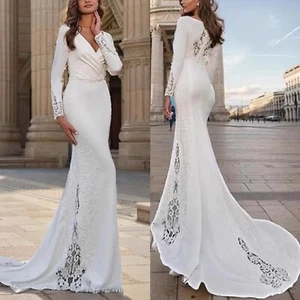 Long Sleeves Wedding Dresses Ruche V Neck Lace Sweep Train Mermaid Applique New - Picture 1 of 12
