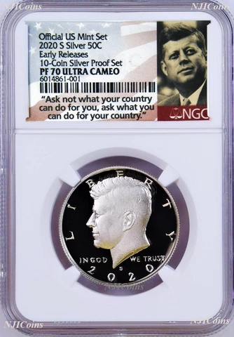 2020 S Silver Kennedy Half Dollar NGC PF70 ER Ask Not Label from 10-coin-set Cover