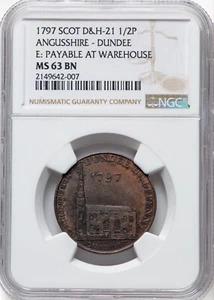 Great Britain - 1797 Angusshire - Dundee 1/2 Penny Token - NGC MS63 BN - SCARCE - Picture 1 of 2