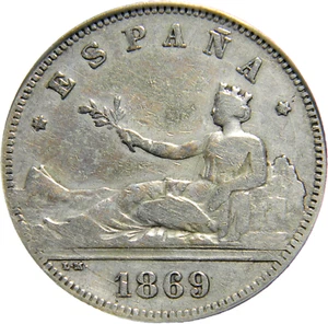 Spain 1869-68 SN M 2 Pesetas Anacs VF 20 Cleaned KEY DATE (26-7) - Picture 1 of 4