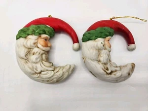 Ornement de Noël vintage visage de Père Noël demi croissant de lune céramique 2 pièces  - Photo 1/6