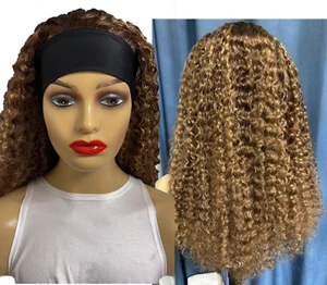 20'' Long Curly 4/27 Black Mixed Brown Headband Wigs 100% Human Hair Wig No Lace - Picture 1 of 7