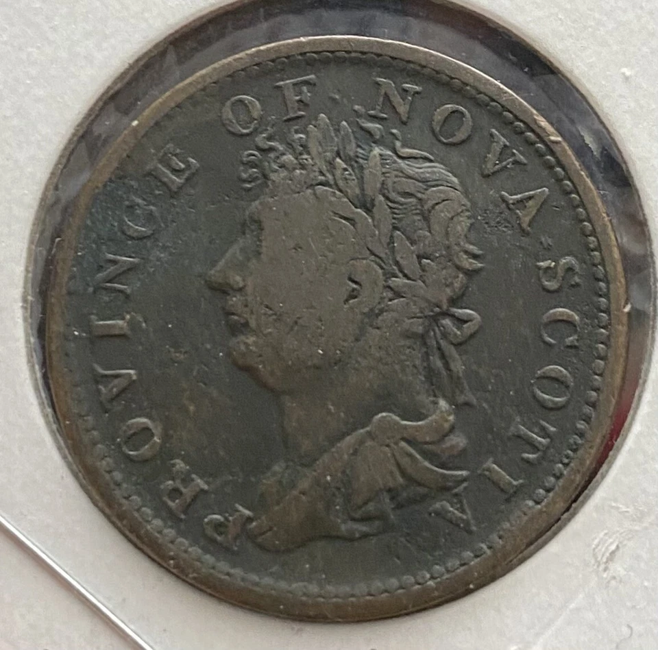 1823 Nova Scotia Half Penny Hyphen Legend 15 Leaves Reeded Edge Error Very Rare - Image 1 of 3