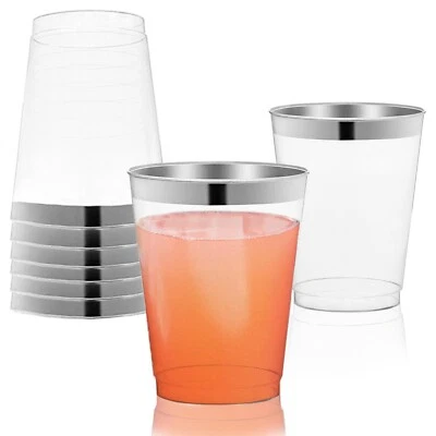 Clear with Metallic Gold or Silver Rim Round Disposable Plastic Party Cups - Image 1 of 2