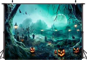 8X6FT Halloween Backdrop Horror Moon Night Scary Cemetery Pumpkin Lantern Backdr - Picture 1 of 7