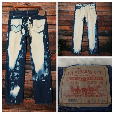 Jeans Levis 505 para hombre 36X34 rectos personalizados teñidos desgastados denim 100 % algodón Foto 1 de 4