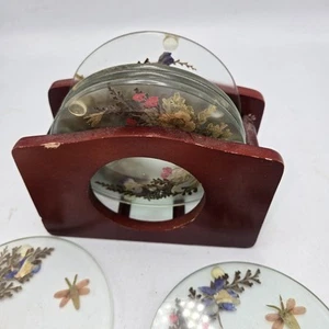 Pressed Dry Flower Inlay Clear Coasters with Wooden Holder - Set of 6 - Picture 1 of 3