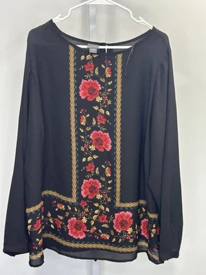 Nova túnica feminina Covington preta vermelha floral relaxada manga longa top, tamanho 2x.3O - Imagem 1 de 4