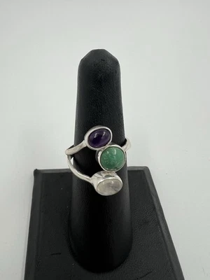 New Sterling Silver 925 Ring With Turquoise, Moonstone & Amethyst Gemstones Sz 8 - Image 1 of 4