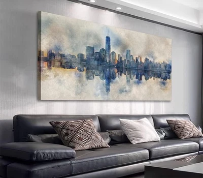 Arte de pared en lienzo de la ciudad de Nueva York cuadros azul marino pintura abstracta reflejo de la ciudad... Foto 1 de 4