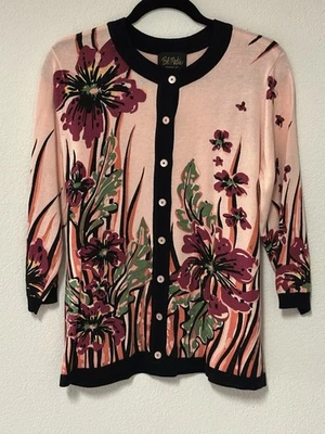 Suéter Artístico Usable Bob Mackie Talla M Cárdigan Estampado de Flores Abotonado Manga 3/4 Foto 1 de 3