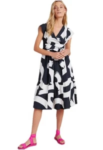 ANTHROPOLOGIE MAEVE Mairead Faux Wrap Midi Dress in Black White Sz 14 Cotton - Picture 1 of 21