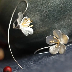 Hanging Five Petal Flower With Golden Centre Highlights Hook Style Sterling... - Picture 1 of 5