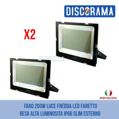 BENOVO 2X FARO 200W LUCE FREDDA LED FARETTO RESA ALTA LUMINOSITA IP66 SLIM ESTERNO