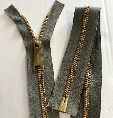 VTG 1970s BELL LONG-TAB ZIPPER/SEPARATING USA BRASS PLATED METAL OLIVE COTTON - Image 1 of 4