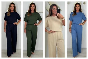 Ladies Women's Short Sleeve Gold Button Crinkle Top & Trouser Co-Ord - Picture 1 of 16